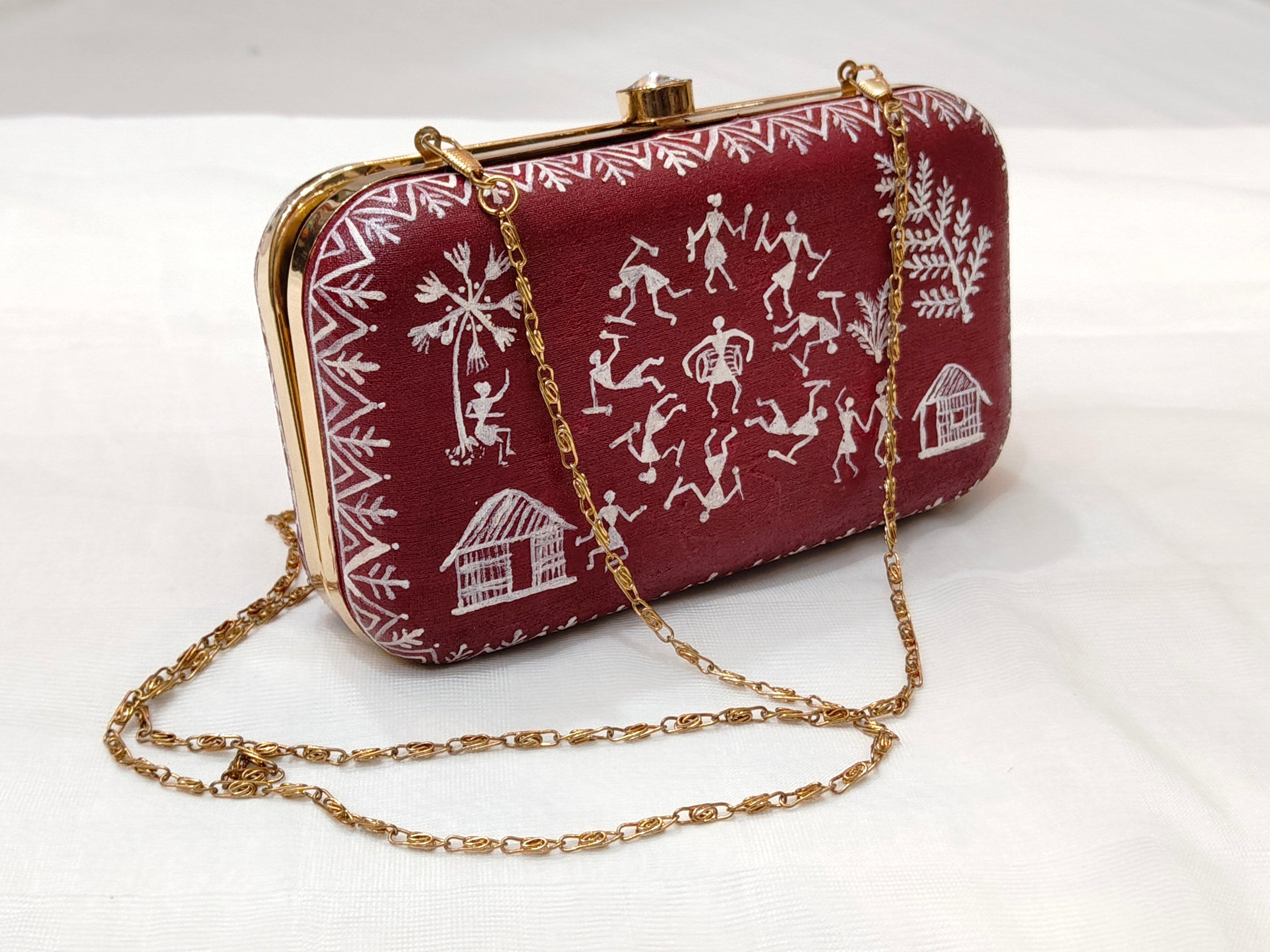 Handpainted Worli Art Clutch on Canvas with Metal Clip – Maroon Base